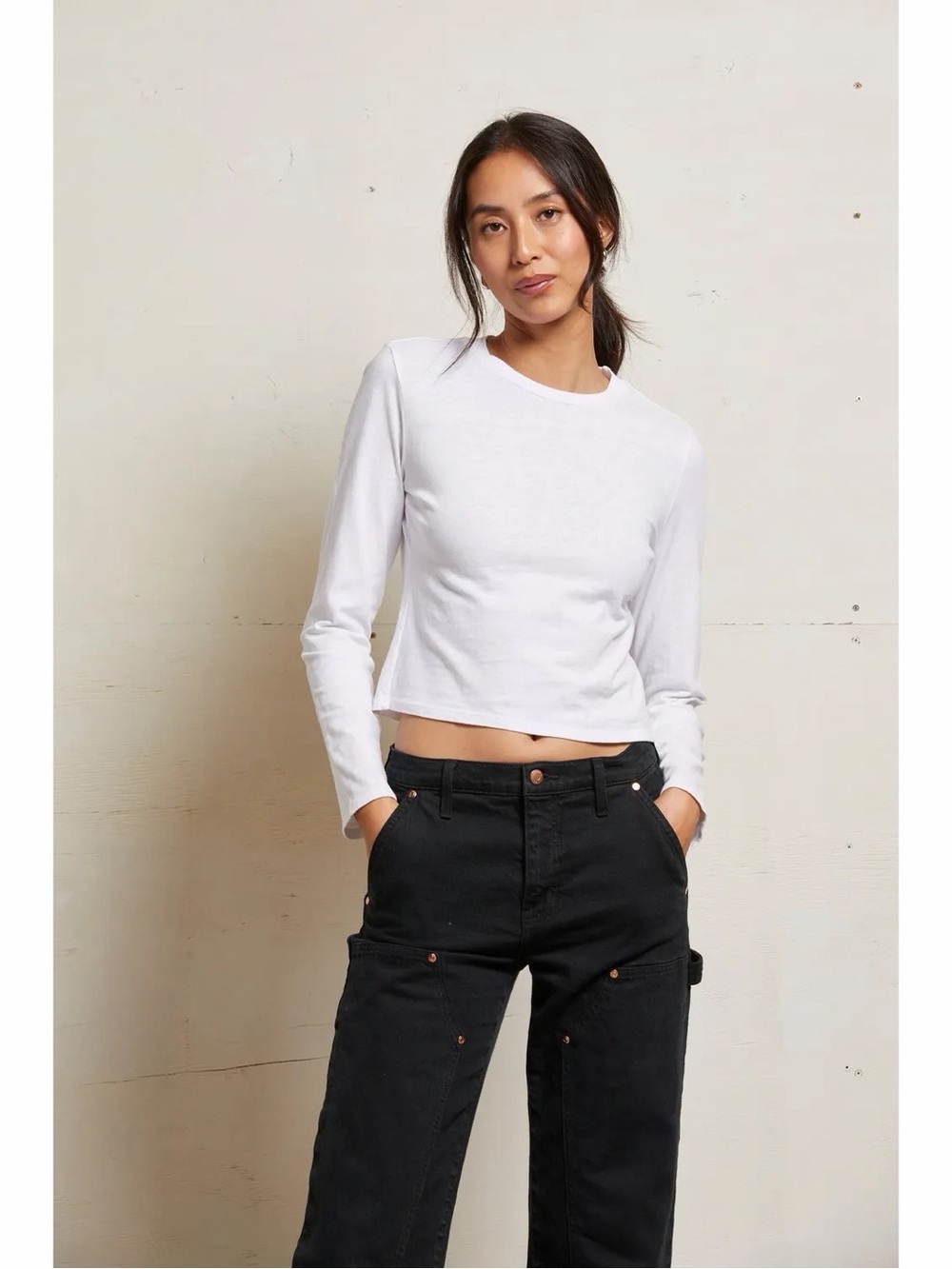 Perfectwhitetee Jamie Recycled Cotton Crew Long Sleeve Tee in White